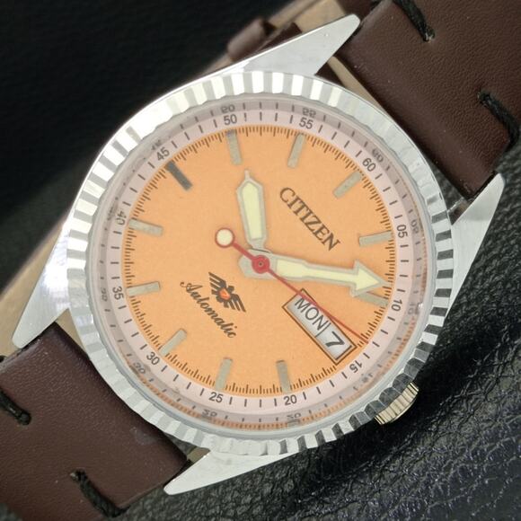 Citizen Other - Vintage 1982 Citizen Automatic Mens Silver Watch W/daydate & Orange accents